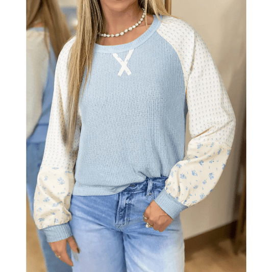 Nova Beau Blue Textured Knit Color Block Floral Patchwork Long Sleeve Top