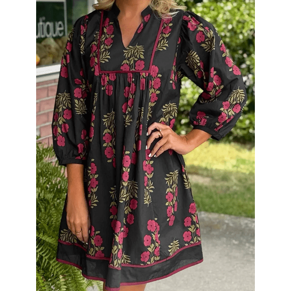 Ava Rose Black Floral Print Notched Neck Piping Trim Bracelet Sleeve Babydoll Dress