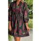 Ava Rose Black Floral Print Notched Neck Piping Trim Bracelet Sleeve Babydoll Dress