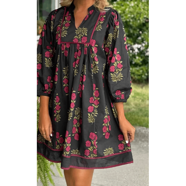 Ava Rose Black Floral Print Notched Neck Piping Trim Bracelet Sleeve Babydoll Dress