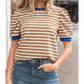 Wynita Brown Stripe Short Puff Sleeve Contrast Trim Round Neck Tee