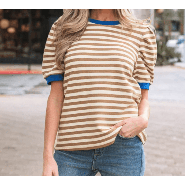 Wynita Brown Stripe Short Puff Sleeve Contrast Trim Round Neck Tee