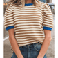 Wynita Brown Stripe Short Puff Sleeve Contrast Trim Round Neck Tee