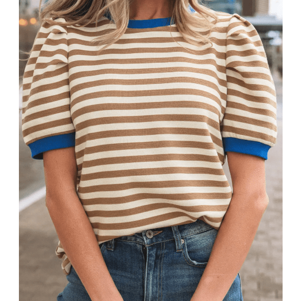Wynita Brown Stripe Short Puff Sleeve Contrast Trim Round Neck Tee