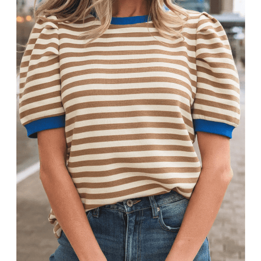 Wynita Brown Stripe Short Puff Sleeve Contrast Trim Round Neck Tee