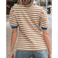 Wynita Brown Stripe Short Puff Sleeve Contrast Trim Round Neck Tee