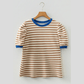 Wynita Brown Stripe Short Puff Sleeve Contrast Trim Round Neck Tee