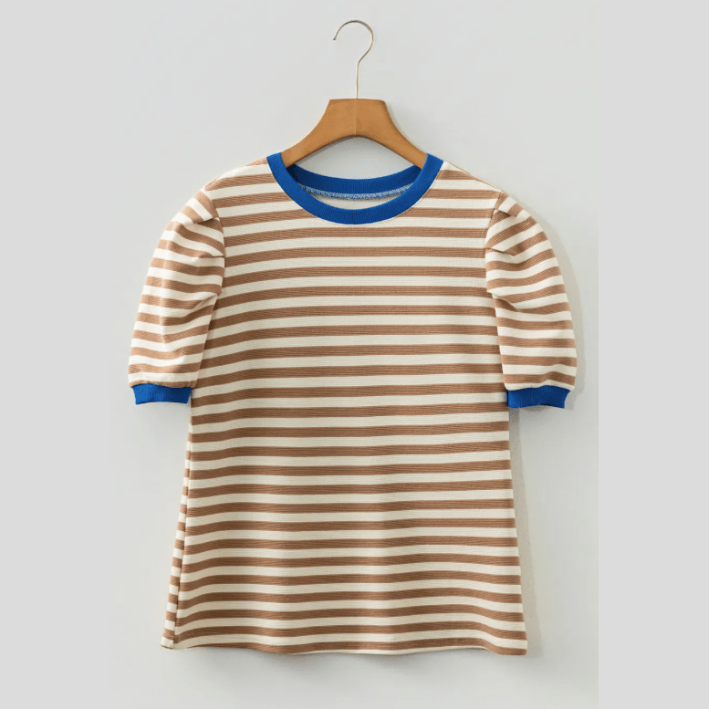Wynita Brown Stripe Short Puff Sleeve Contrast Trim Round Neck Tee