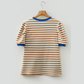Wynita Brown Stripe Short Puff Sleeve Contrast Trim Round Neck Tee
