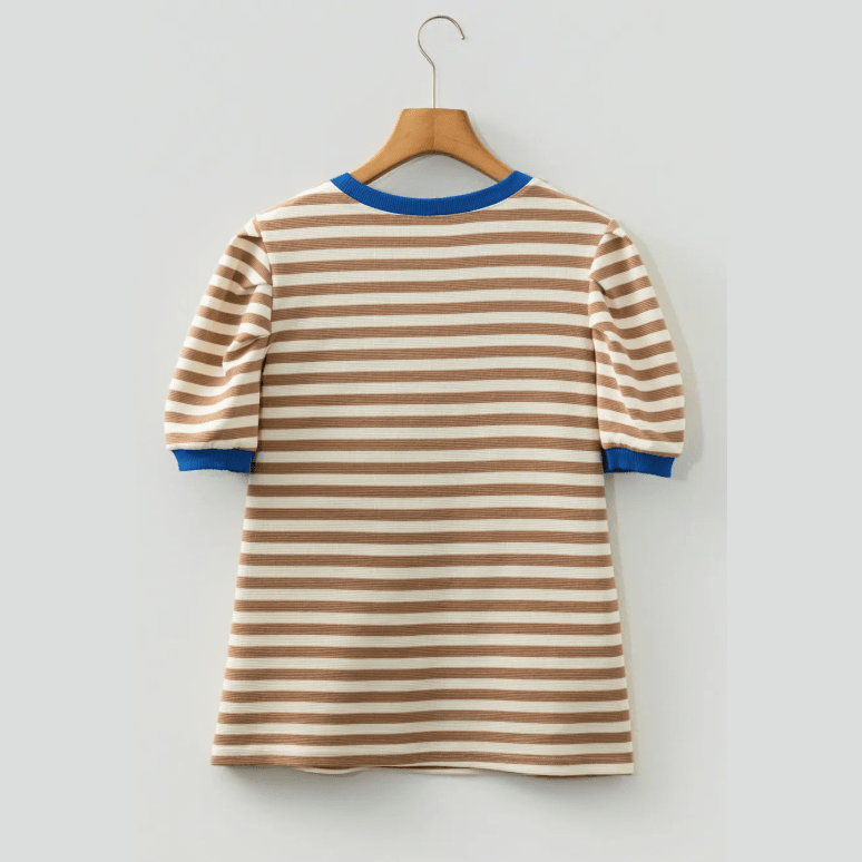 Wynita Brown Stripe Short Puff Sleeve Contrast Trim Round Neck Tee