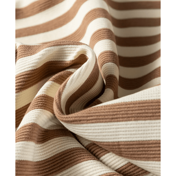 Wynita Brown Stripe Short Puff Sleeve Contrast Trim Round Neck Tee