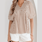 Golda Brown Stripe Shirred V Neck Short Puff Sleeve Blouse