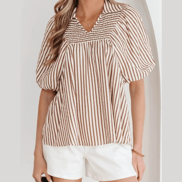 Golda Brown Stripe Shirred V Neck Short Puff Sleeve Blouse