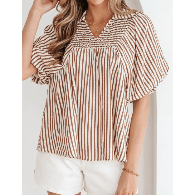 Golda Brown Stripe Shirred V Neck Short Puff Sleeve Blouse