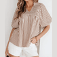 Golda Brown Stripe Shirred V Neck Short Puff Sleeve Blouse