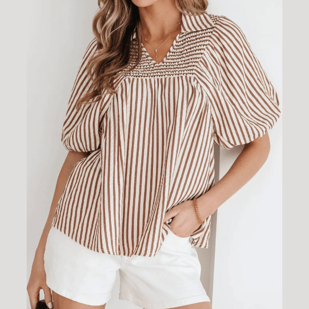 Golda Brown Stripe Shirred V Neck Short Puff Sleeve Blouse
