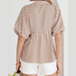Golda Brown Stripe Shirred V Neck Short Puff Sleeve Blouse