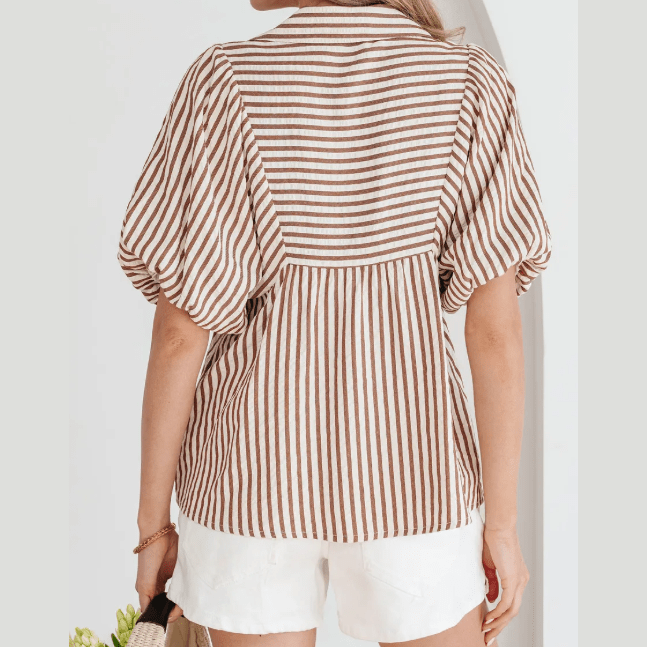 Golda Brown Stripe Shirred V Neck Short Puff Sleeve Blouse