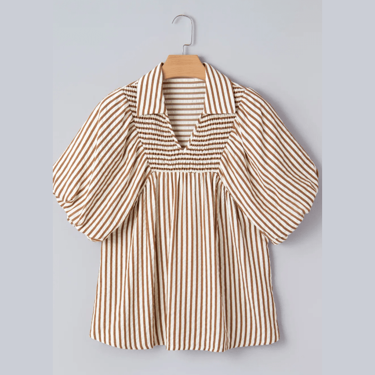 Golda Brown Stripe Shirred V Neck Short Puff Sleeve Blouse
