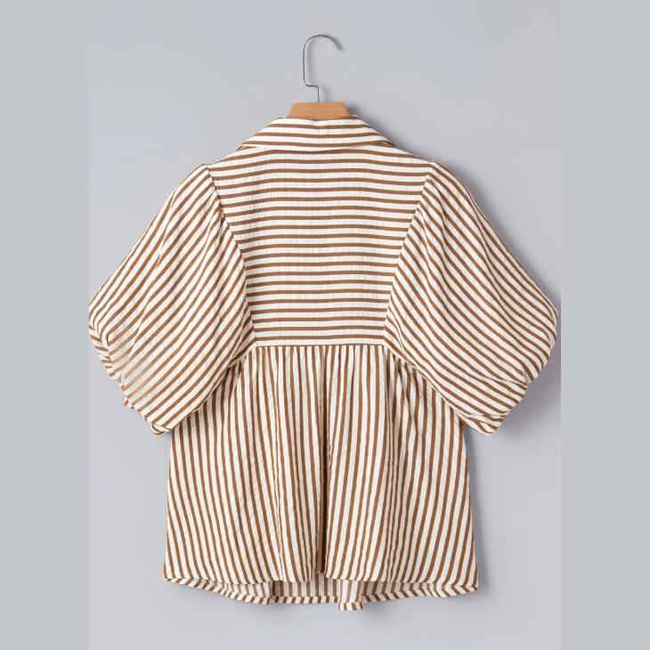 Golda Brown Stripe Shirred V Neck Short Puff Sleeve Blouse