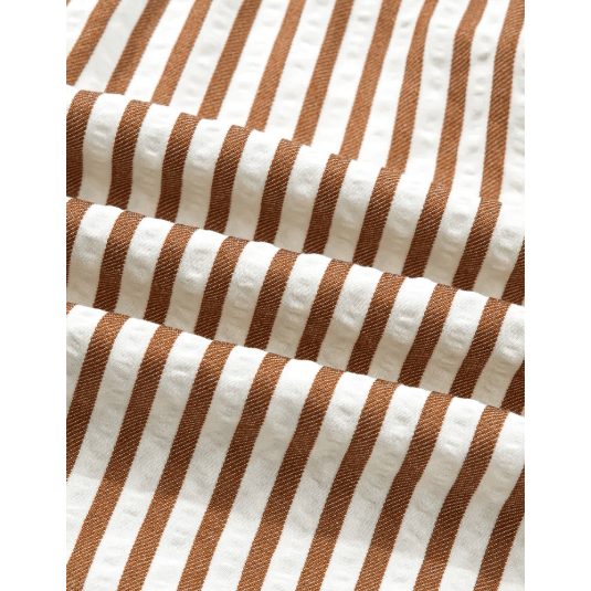 Golda Brown Stripe Shirred V Neck Short Puff Sleeve Blouse