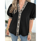 Juditha Black V Neck Short Puff Sleeve Contrast Striped Leopard Trim Button Down Shirt
