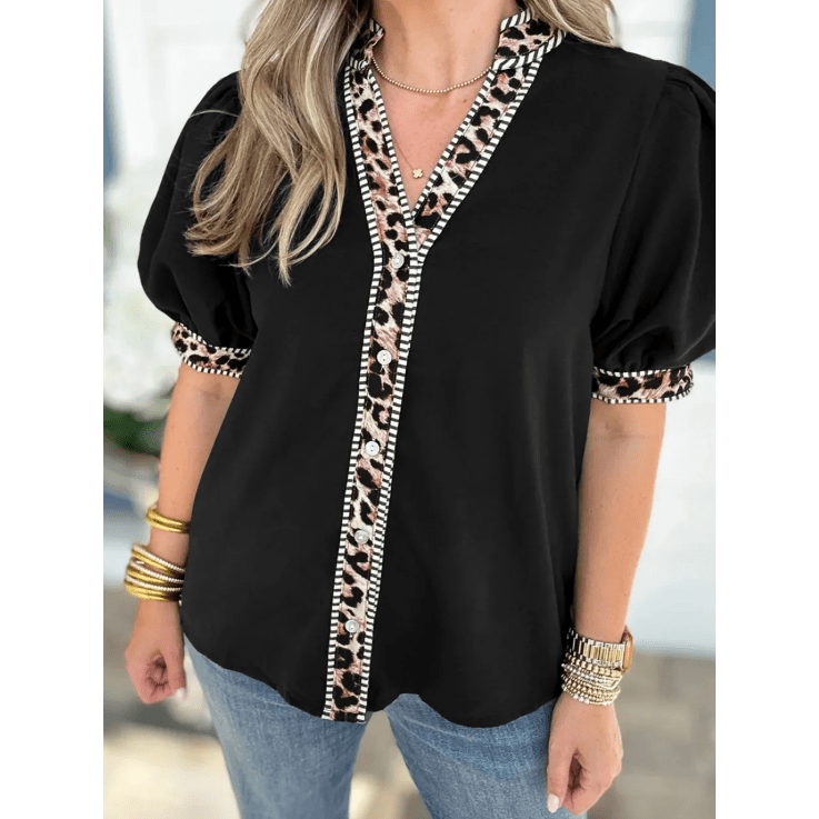 Juditha Black V Neck Short Puff Sleeve Contrast Striped Leopard Trim Button Down Shirt