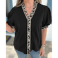 Juditha Black V Neck Short Puff Sleeve Contrast Striped Leopard Trim Button Down Shirt