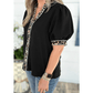 Juditha Black V Neck Short Puff Sleeve Contrast Striped Leopard Trim Button Down Shirt