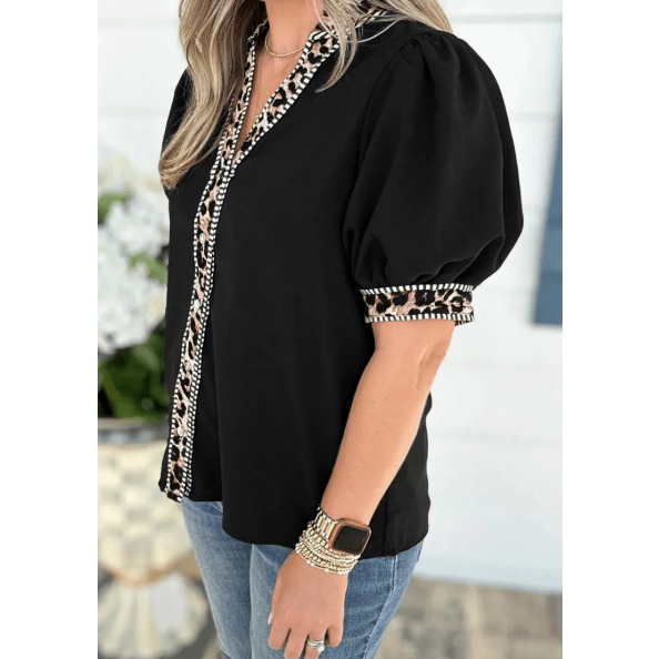 Juditha Black V Neck Short Puff Sleeve Contrast Striped Leopard Trim Button Down Shirt