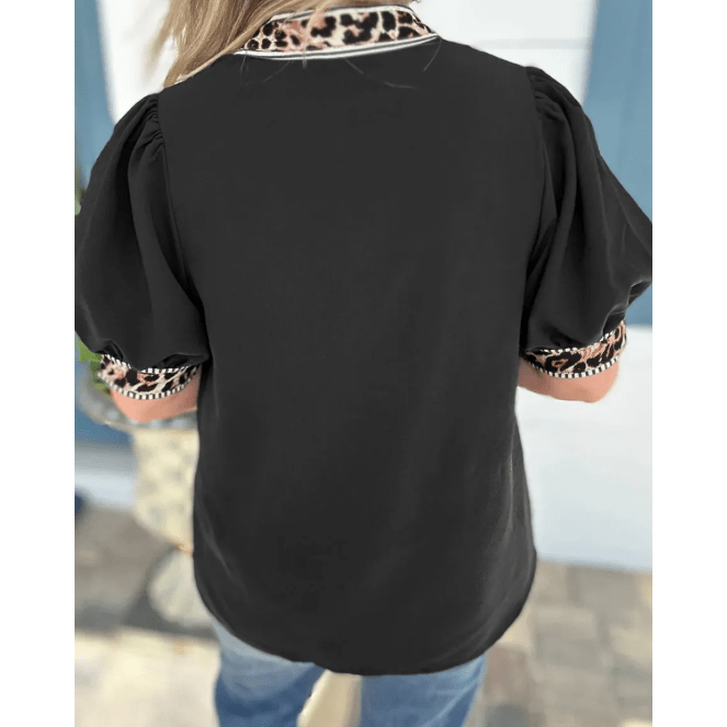 Juditha Black V Neck Short Puff Sleeve Contrast Striped Leopard Trim Button Down Shirt