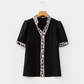 Juditha Black V Neck Short Puff Sleeve Contrast Striped Leopard Trim Button Down Shirt