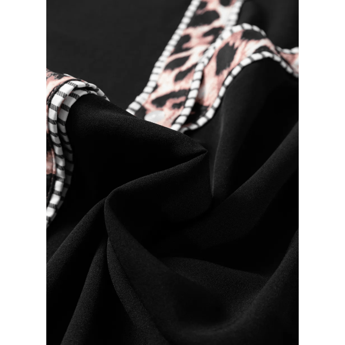 Juditha Black V Neck Short Puff Sleeve Contrast Striped Leopard Trim Button Down Shirt