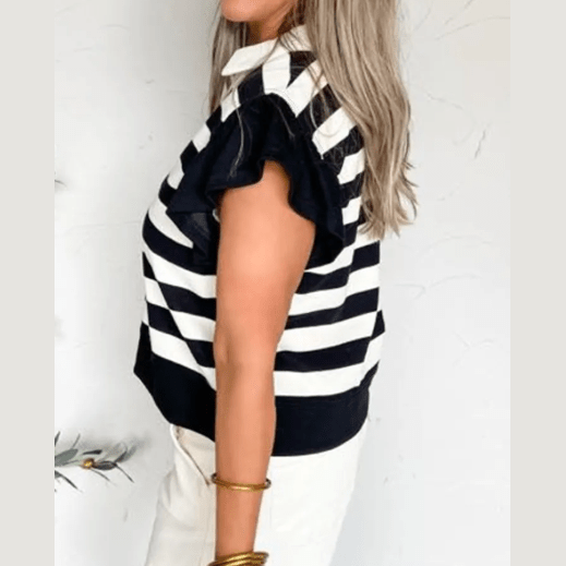Mayson Black Stripe Collar V Neck Ruffled Short Sleeve Blouse