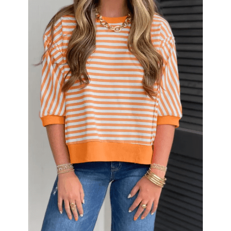 Lillie Orange Stripe 3/4 Sleeve Exposed Seam Patchwork Pullover Top
