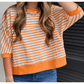 Lillie Orange Stripe 3/4 Sleeve Exposed Seam Patchwork Pullover Top