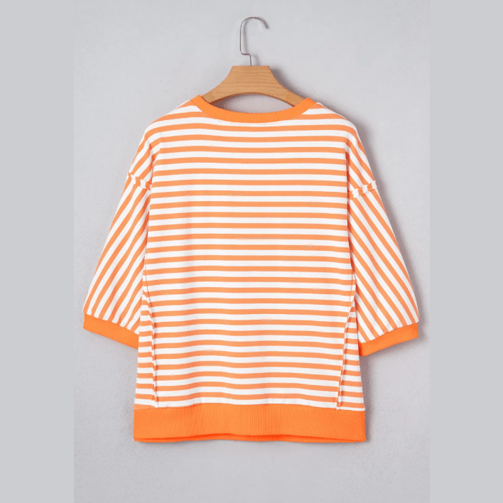Lillie Orange Stripe 3/4 Sleeve Exposed Seam Patchwork Pullover Top