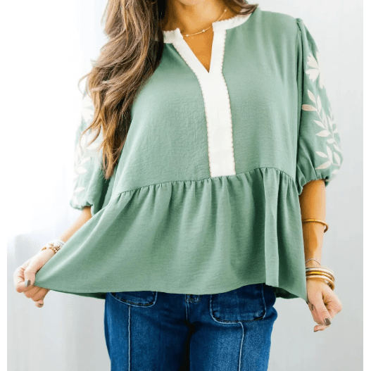 Beth Green Color Block Patchwork V Neck Embroidered Puff Sleeve Babydoll Blouse