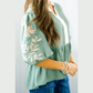 Beth Green Color Block Patchwork V Neck Embroidered Puff Sleeve Babydoll Blouse