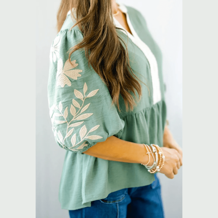 Beth Green Color Block Patchwork V Neck Embroidered Puff Sleeve Babydoll Blouse