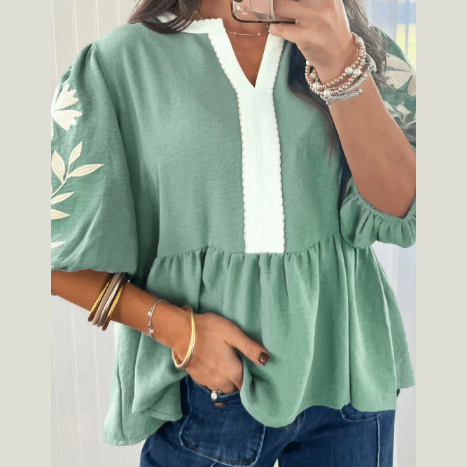 Beth Green Color Block Patchwork V Neck Embroidered Puff Sleeve Babydoll Blouse