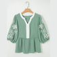 Beth Green Color Block Patchwork V Neck Embroidered Puff Sleeve Babydoll Blouse