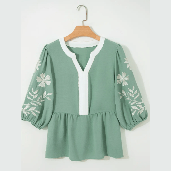 Beth Green Color Block Patchwork V Neck Embroidered Puff Sleeve Babydoll Blouse