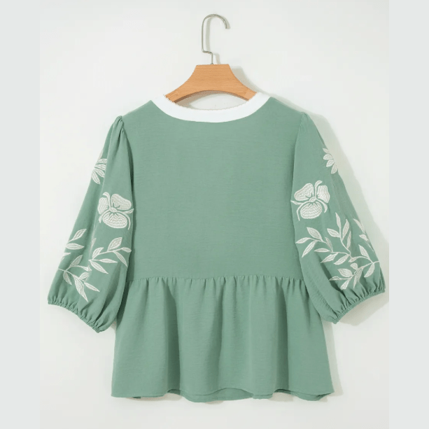 Beth Green Color Block Patchwork V Neck Embroidered Puff Sleeve Babydoll Blouse