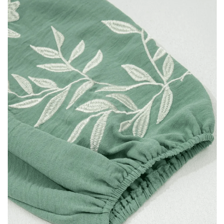 Beth Green Color Block Patchwork V Neck Embroidered Puff Sleeve Babydoll Blouse