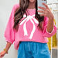 Felicia Sachet Pink Big Ribbon Bow Print Contrast Stitch Trim Drop Shoulder Sweater