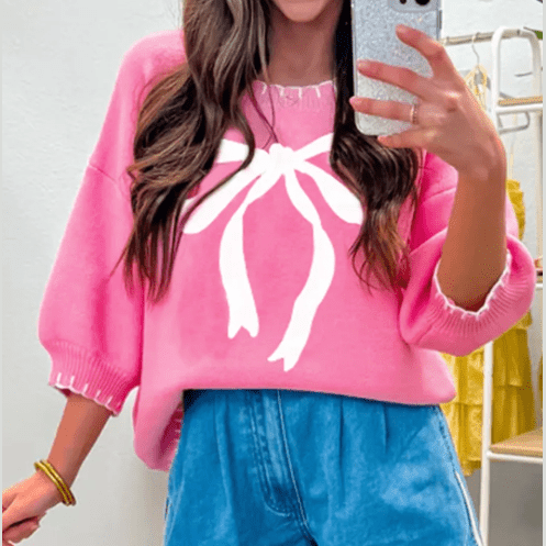 Felicia Sachet Pink Big Ribbon Bow Print Contrast Stitch Trim Drop Shoulder Sweater
