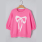 Felicia Sachet Pink Big Ribbon Bow Print Contrast Stitch Trim Drop Shoulder Sweater