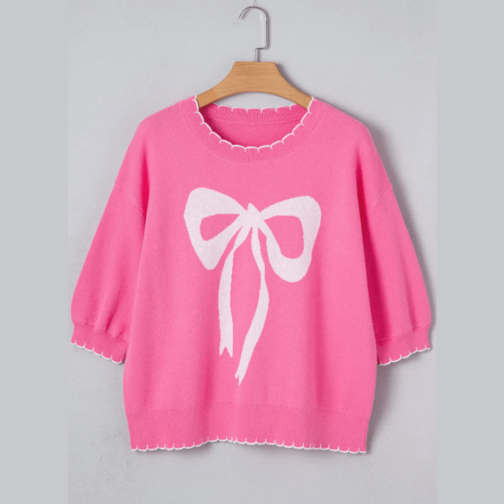Felicia Sachet Pink Big Ribbon Bow Print Contrast Stitch Trim Drop Shoulder Sweater