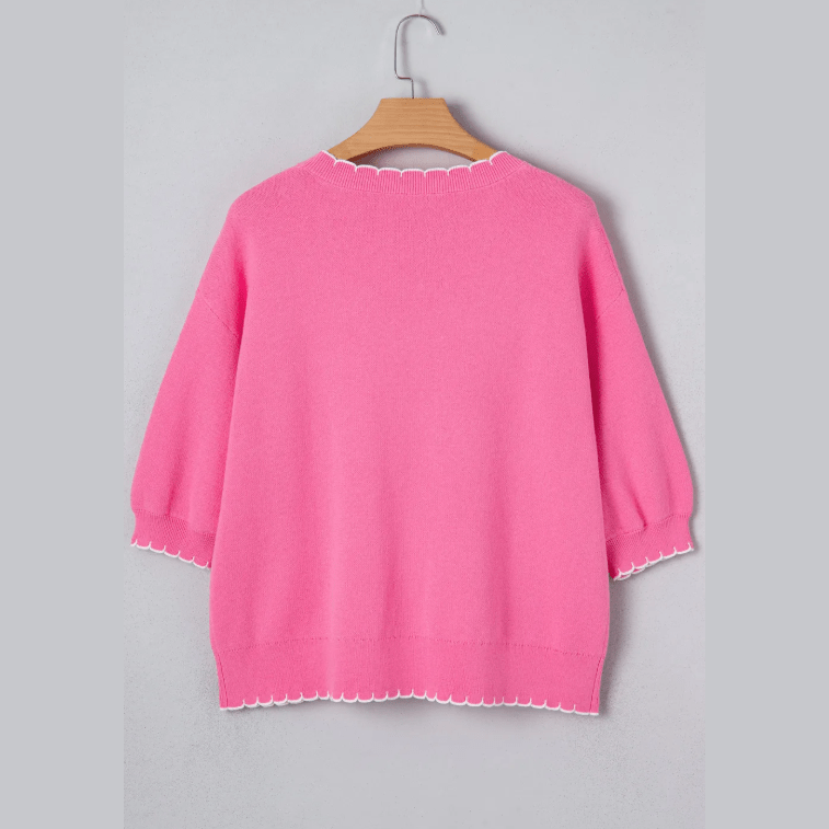 Felicia Sachet Pink Big Ribbon Bow Print Contrast Stitch Trim Drop Shoulder Sweater